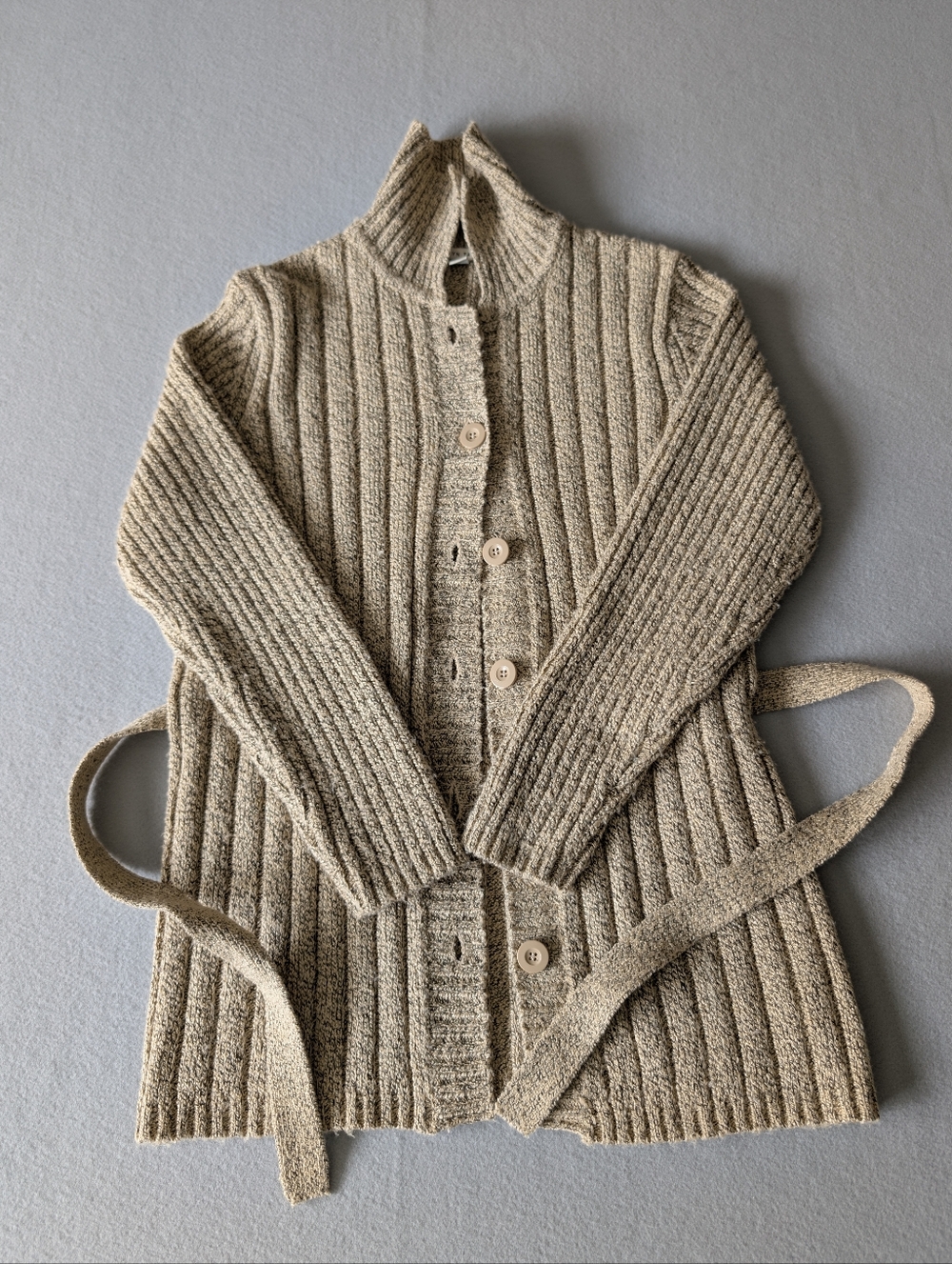 Belted Knit Cardigan Sz S Ribbed Neutral Beige Taupe Coastal Grandma Quiet Cozy image 6